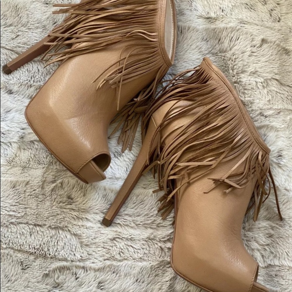 Boutique 9 Nude Leather heels Fringe Peep Bootie 8